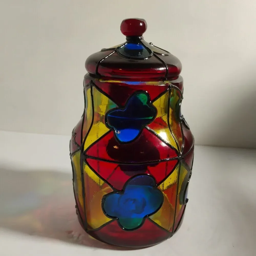 Vintage Vidrio  Stained Glass Lidded Jar, 8